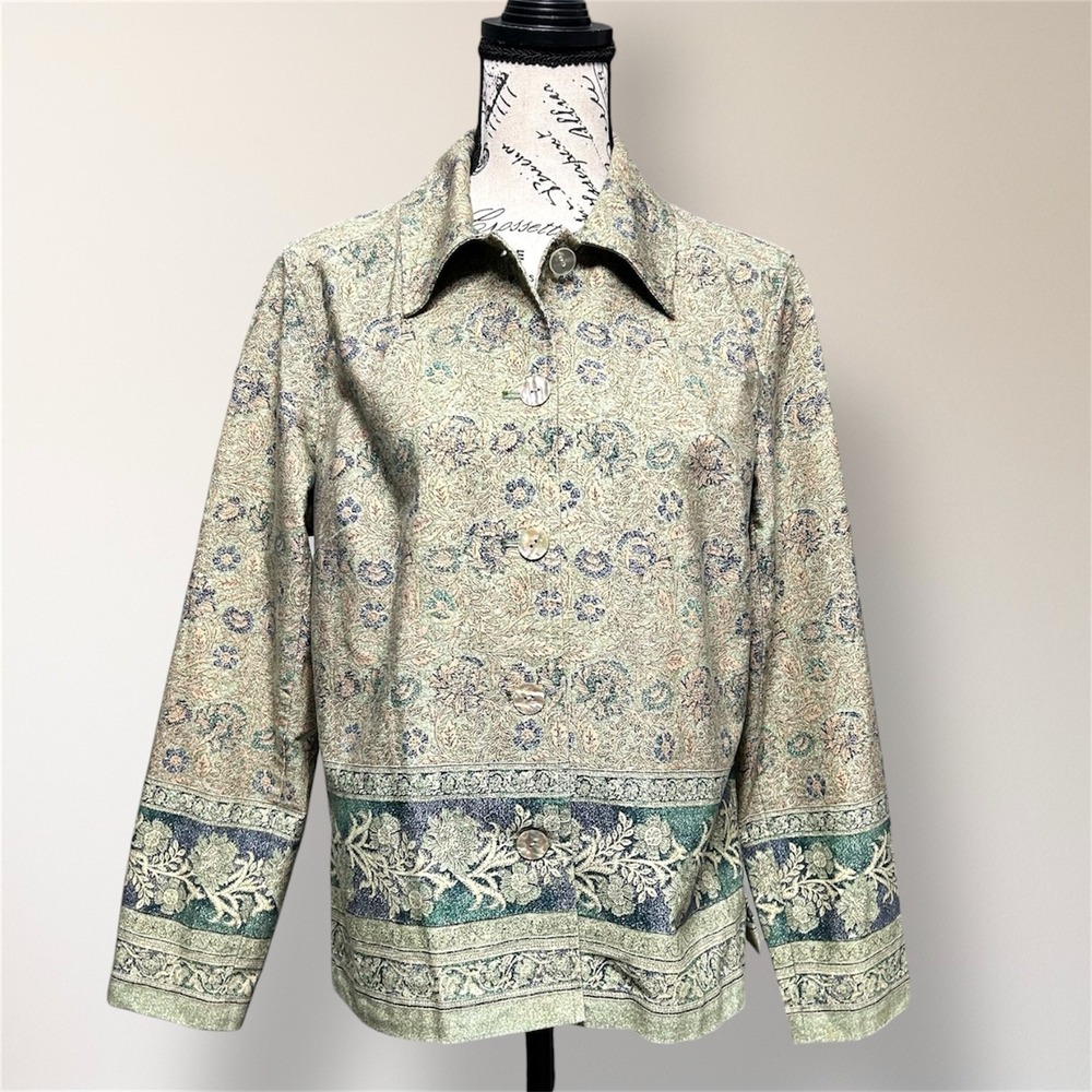 Vintage Coldwater Creek Floral Cotton Shacket Blue Green‎ Tapestry PM